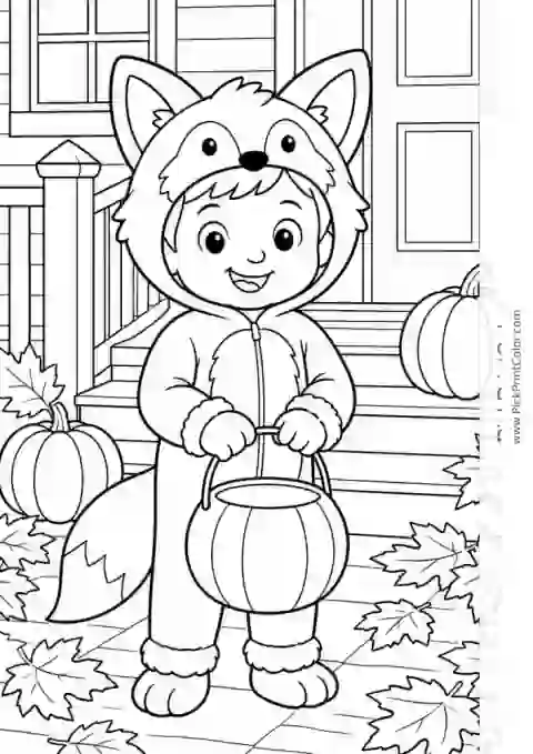 Trick-or-Treater at a Pumpkin Porch black-and-white printable coloring page