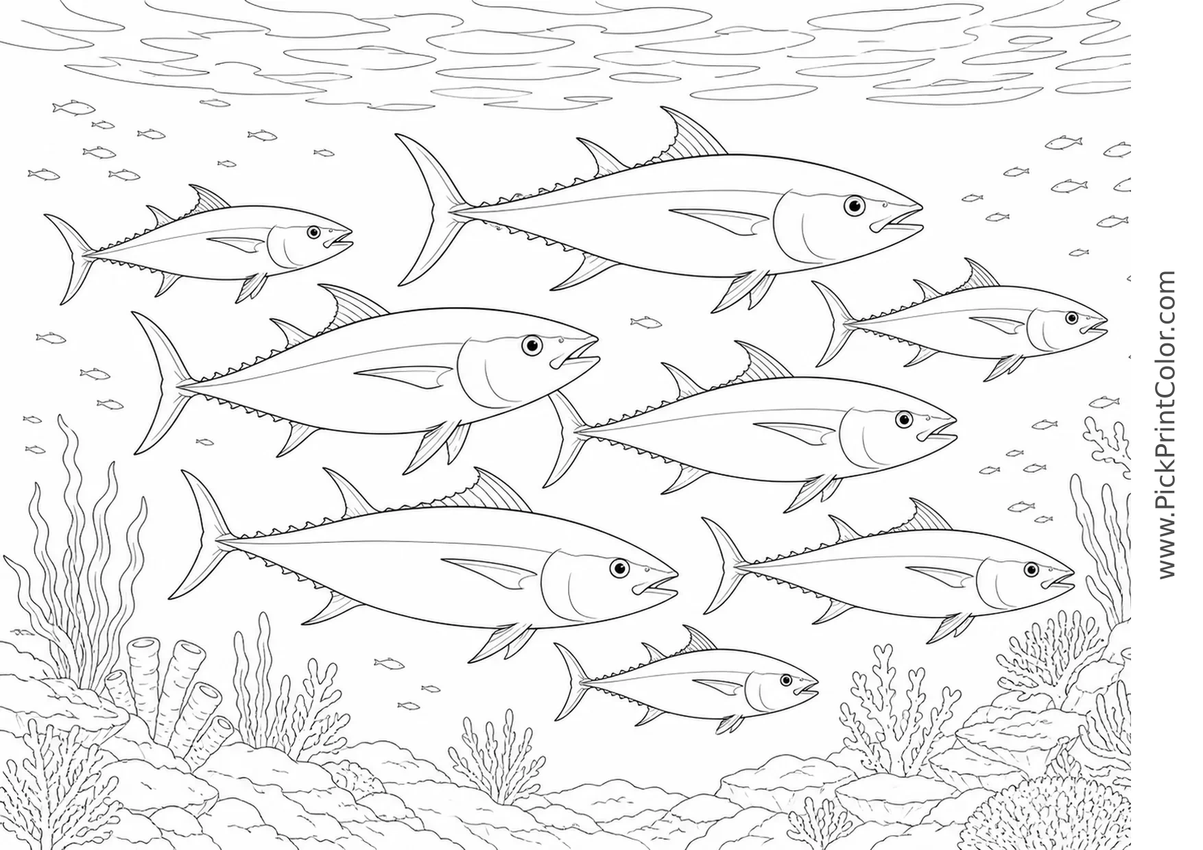 Tuna School Crossing the Open Ocean printable black-and-white coloring page