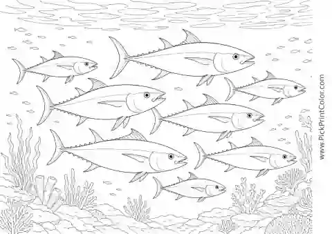 Tuna School Crossing the Open Ocean printable black-and-white coloring page