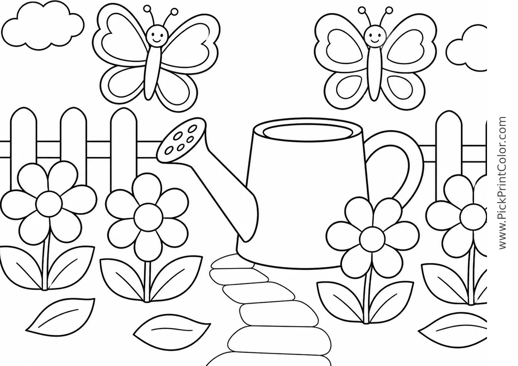 Two Butterflies by a Watering Can printable coloring page
