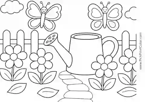 Two Butterflies by a Watering Can printable coloring page