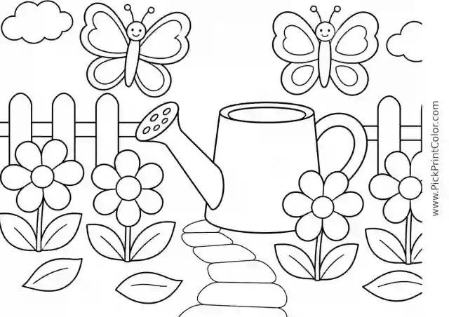 Two Butterflies by a Watering Can printable coloring page