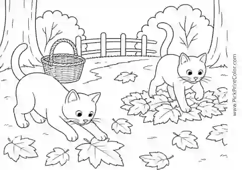 Two Cats Playing in Fallen Leaves printable coloring page