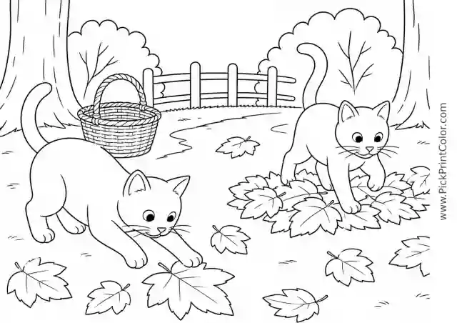 Two Cats Playing in Fallen Leaves printable coloring page