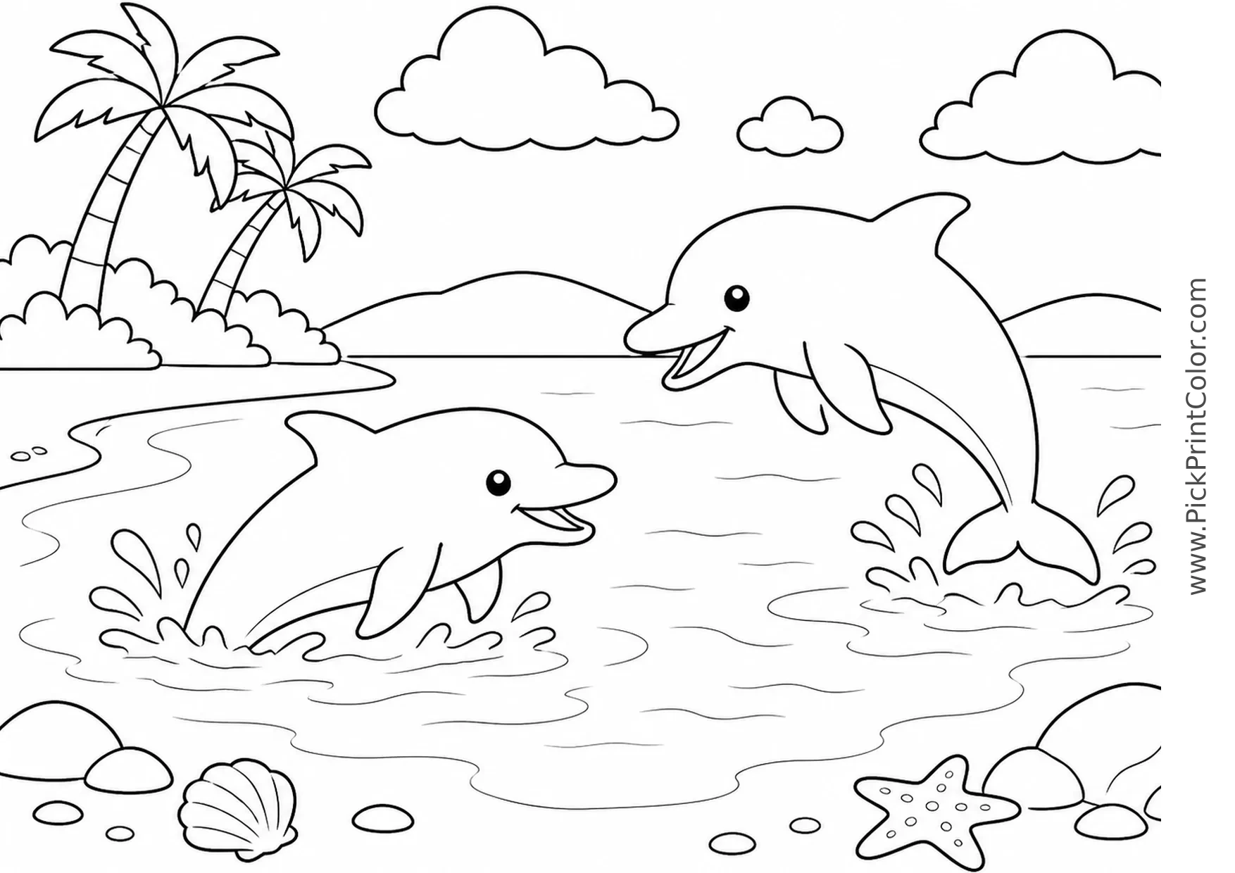 Two Dolphins Playing in a Shallow Bay printable black-and-white coloring page