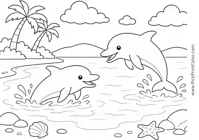 Two Dolphins Playing in a Shallow Bay printable black-and-white coloring page