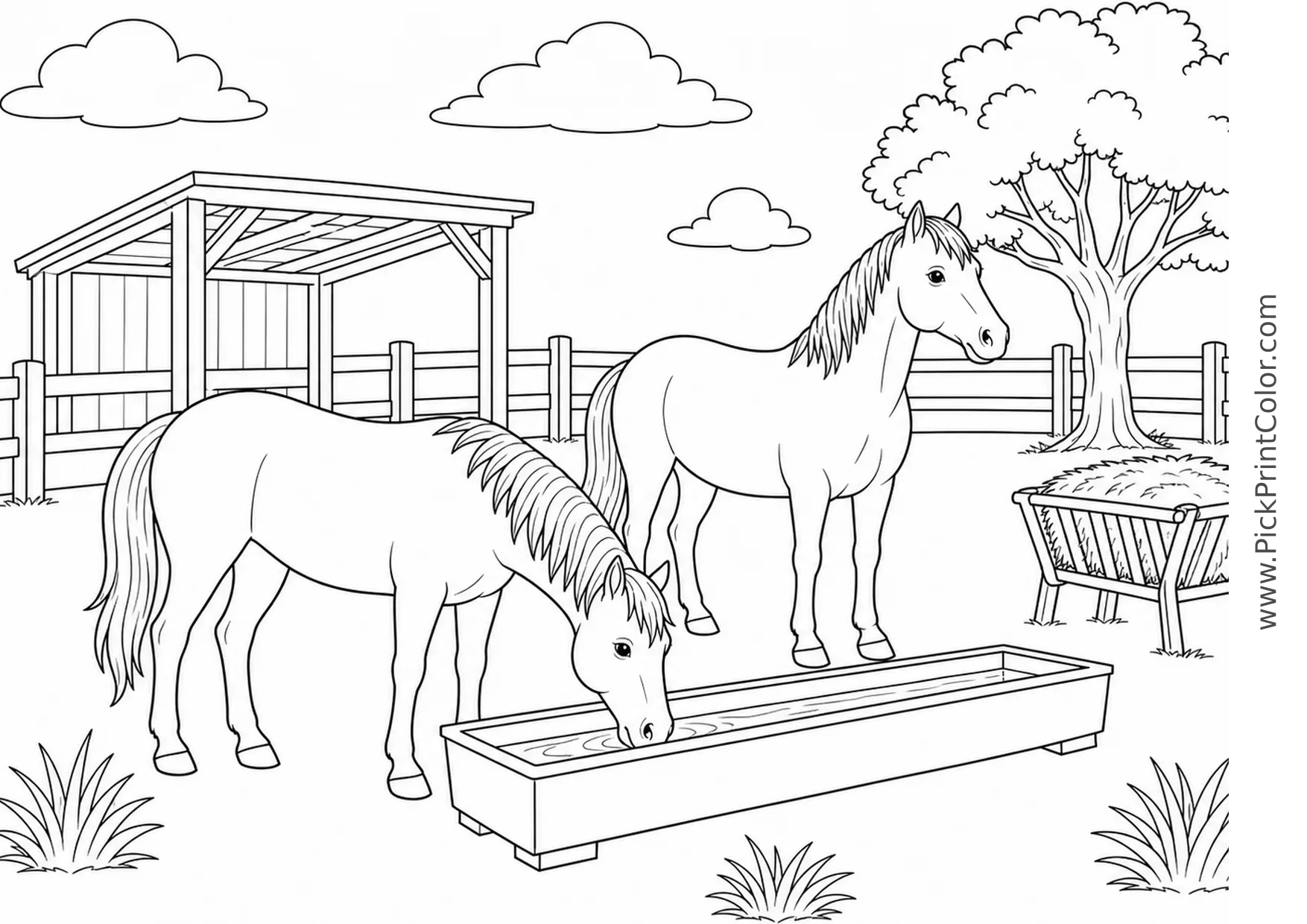 Two Horses at a Paddock Watering Place printable coloring page
