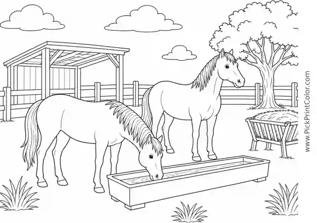Two Horses at a Paddock Watering Place printable coloring page