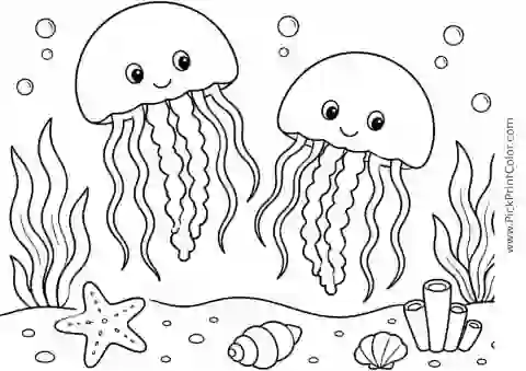 Two Jellyfish over a Sandy Seafloor printable black-and-white coloring page