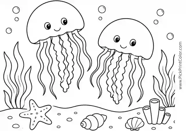 Two Jellyfish over a Sandy Seafloor printable black-and-white coloring page
