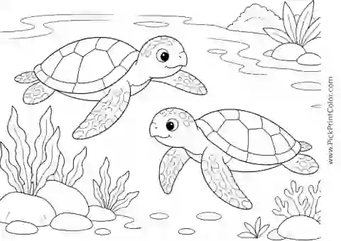 Two Young Sea Turtles in a Lagoon printable black-and-white coloring page