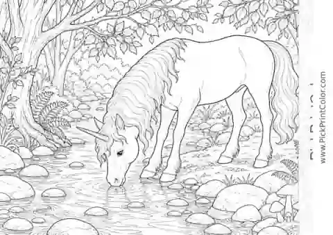 Unicorn Drinking from a Woodland Stream black-and-white coloring page
