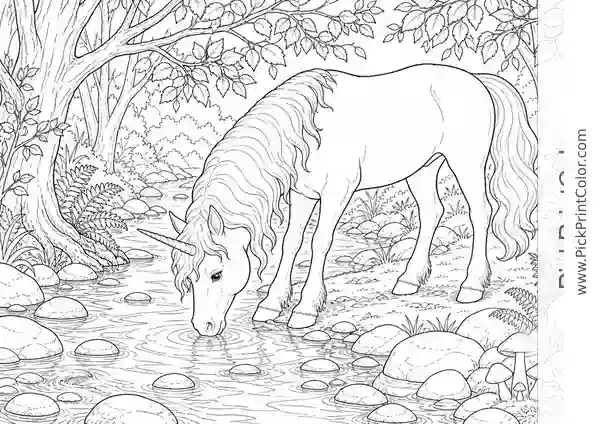 Unicorn Drinking from a Woodland Stream black-and-white coloring page