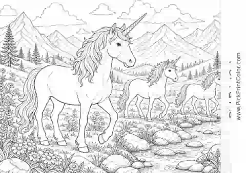 Unicorn Herd Crossing a Mountain Meadow black-and-white coloring page