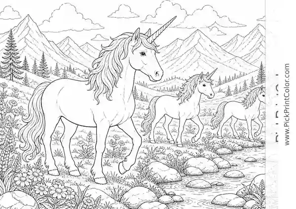 Unicorn Herd Crossing a Mountain Meadow black-and-white coloring page