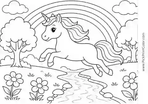 Unicorn Leaping Over a Rainbow Stream black-and-white coloring page