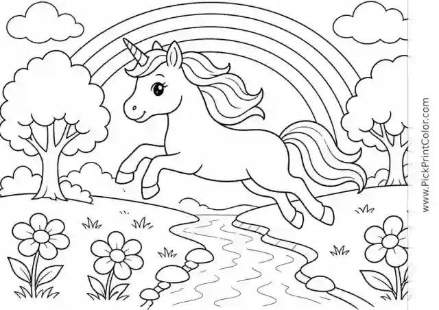 Unicorn Leaping Over a Rainbow Stream black-and-white coloring page