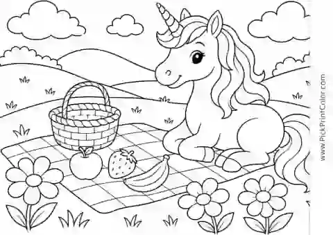 Unicorn Picnic in a Flower Meadow black-and-white coloring page