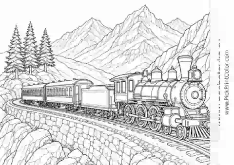 Vintage Steam Train in a Mountain Pass black-and-white printable coloring page