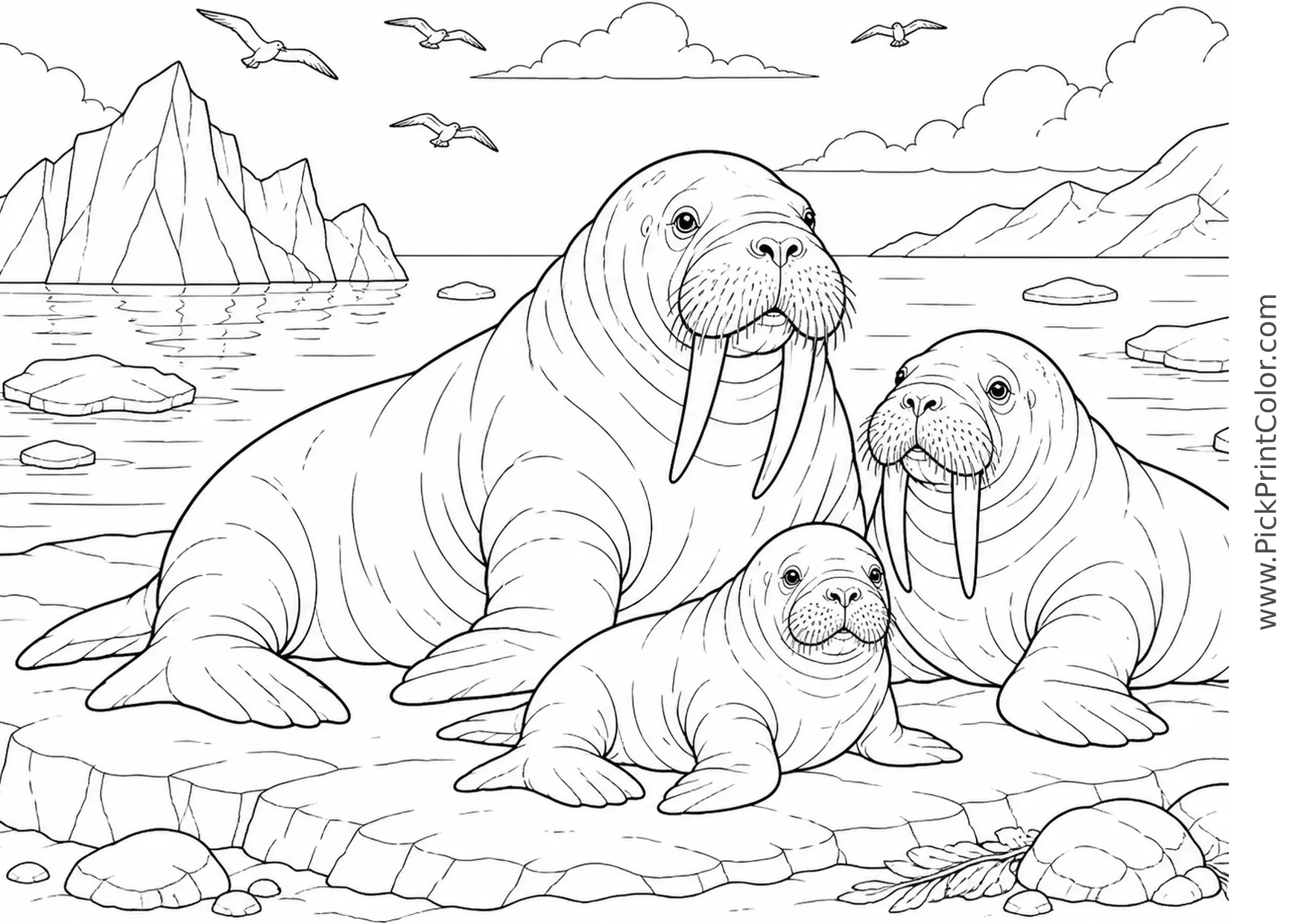 Walrus Family on a Quiet Arctic Shore printable black-and-white coloring page