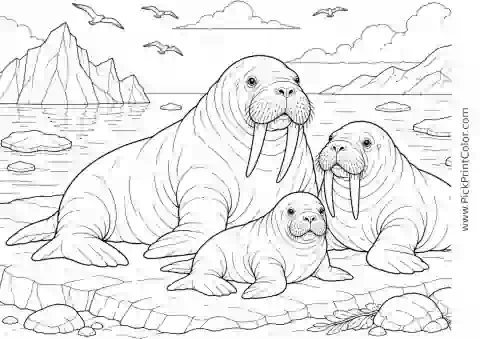 Walrus Family on a Quiet Arctic Shore printable black-and-white coloring page