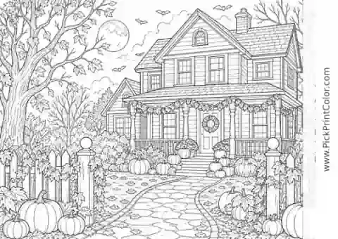 Welcoming Halloween House with Pumpkins black-and-white printable coloring page