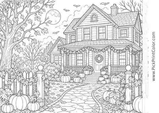 Welcoming Halloween House with Pumpkins black-and-white printable coloring page