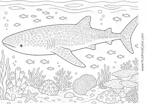 Whale Shark Gliding with Small Fish printable black-and-white coloring page
