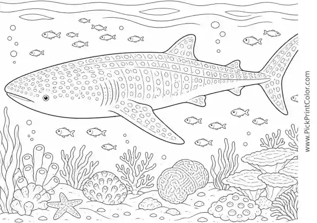 Whale Shark Gliding with Small Fish printable black-and-white coloring page