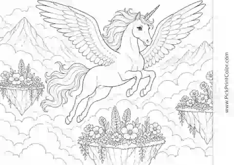 Winged Unicorn Above a Cloud Garden black-and-white coloring page