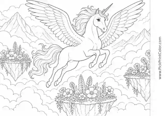 Winged Unicorn Above a Cloud Garden black-and-white coloring page