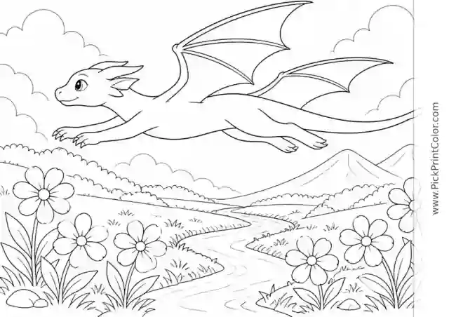 Young Dragon Flying Above a Mountain Meadow black-and-white coloring page