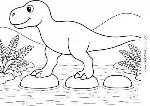 Young T. Rex Crossing a Shallow Stream black-and-white dinosaur coloring page
