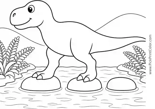 Young T. Rex Crossing a Shallow Stream black-and-white dinosaur coloring page